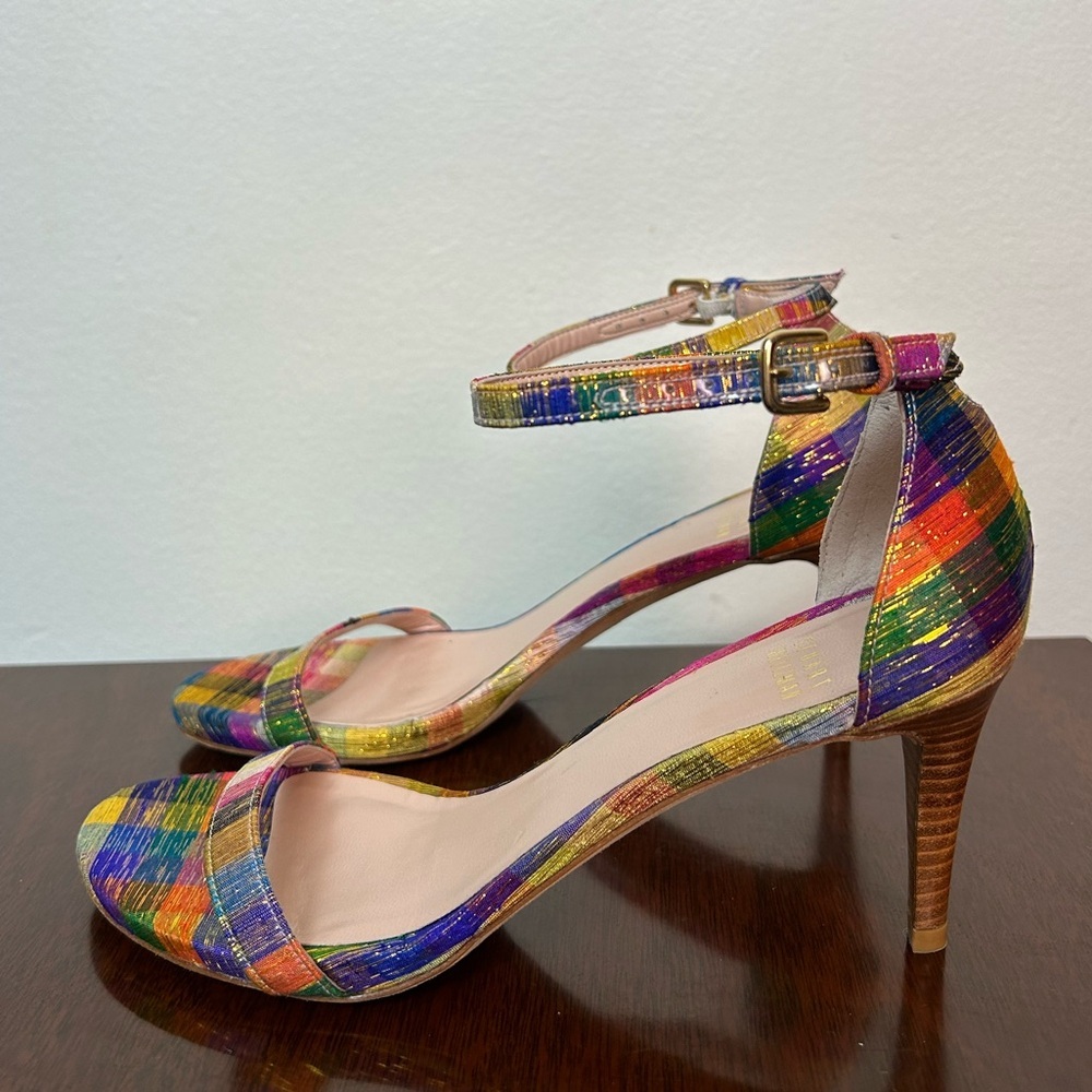 STUART WEITZMAN Metallic Rainbow Plaid Leather Ankle Strap Nunaked Sandals Heel - Picture 3 of 11